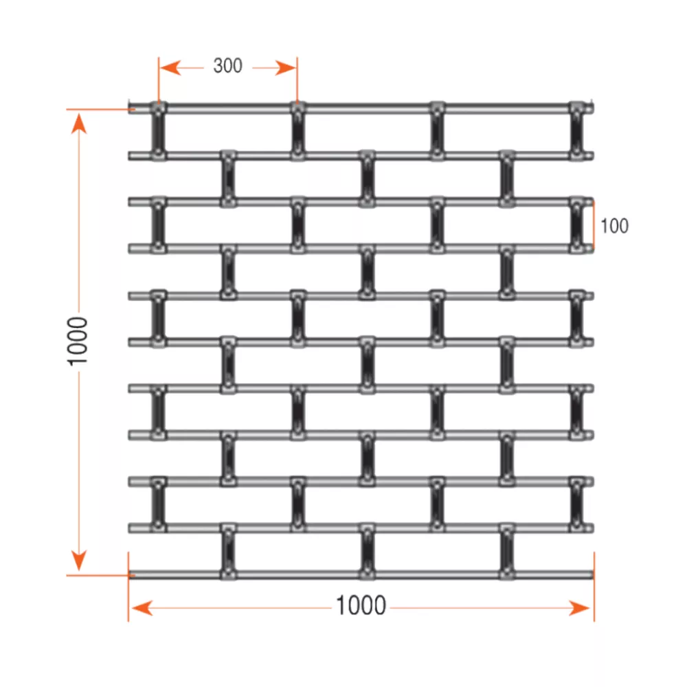 Détail d'une grille métallique à enroulement en illustration. Type biellettes P100 et ses entraxes.