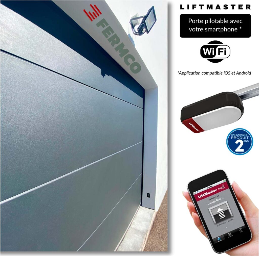 Porte de garage sectionnelle FERMCO et sa motorisation Liftmaster connectée wifi, pilotable par un smartphone.