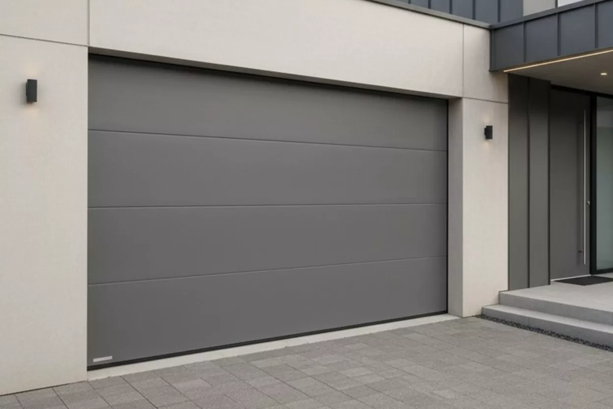 Porte de garage sectionnelle FERMCO en finition lisse RAL 7039 gris quartz. Design contemporain.