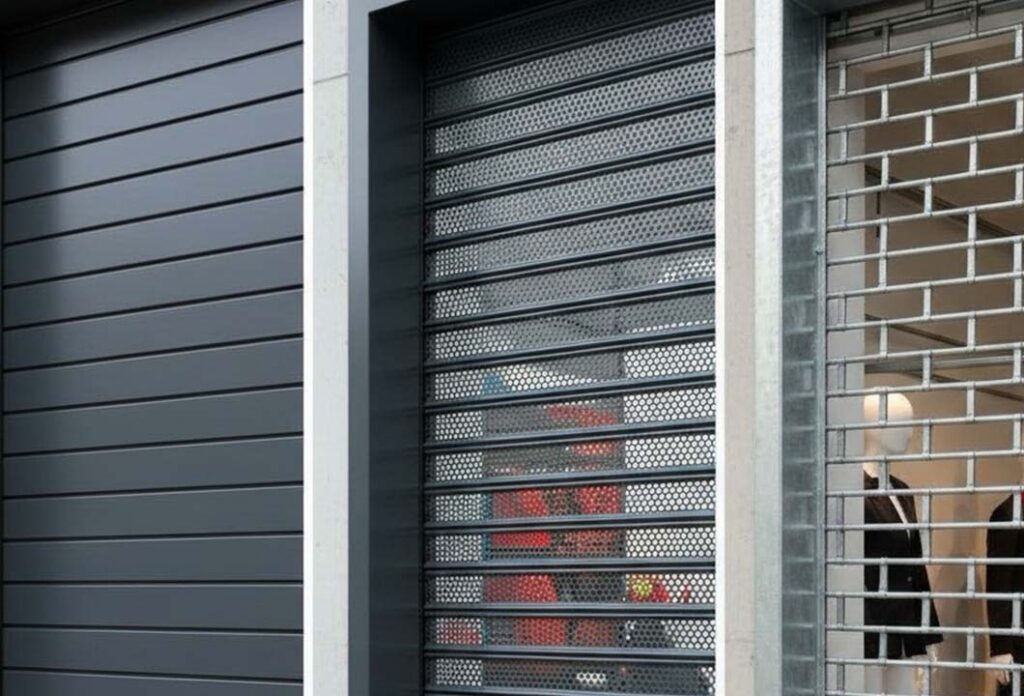 Vue comparative de trois types de protections : rideau métallique à lames pleines, à lames micro-perforées et grille bijoutier pour commerce